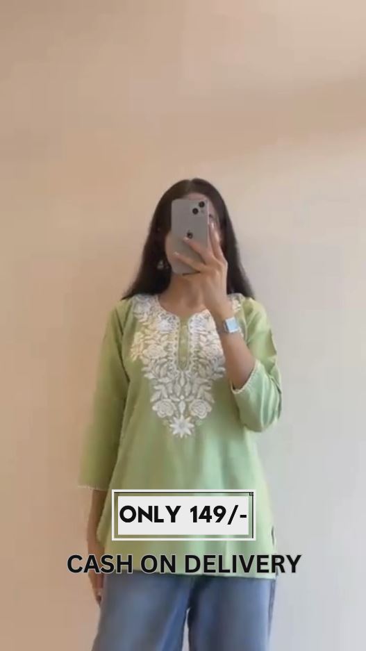 Pastel Green Cotton Kurti with White Floral Embroidery – Stitched Casual Wear for Women