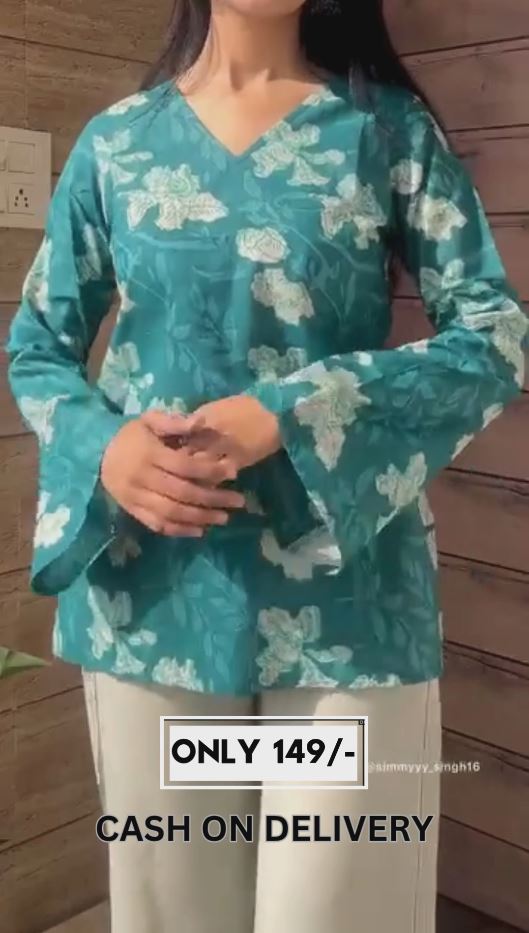 🌿 Teal Green Floral Printed Cotton Top with Flared Sleeves – Stitched Casual Wear for Women