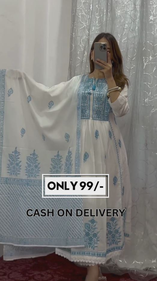 White Blue Chikankari Mul Cotton Anarkali Suit best for Summers