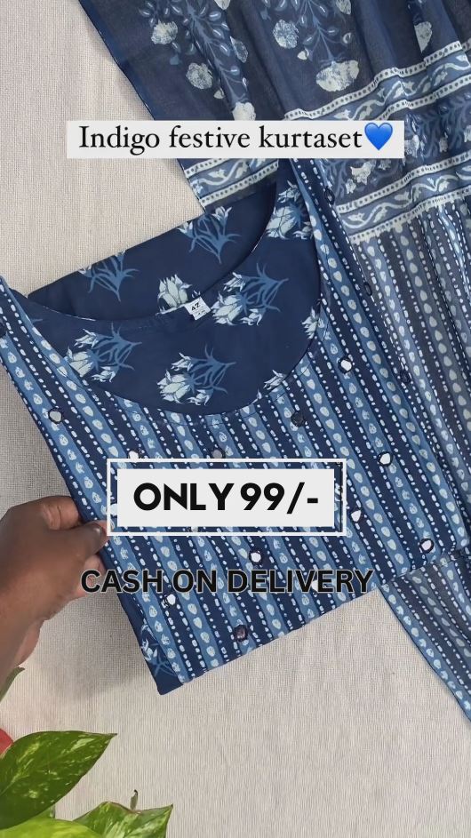 Navy Blue and White Block Print Suit Set And Dupatta