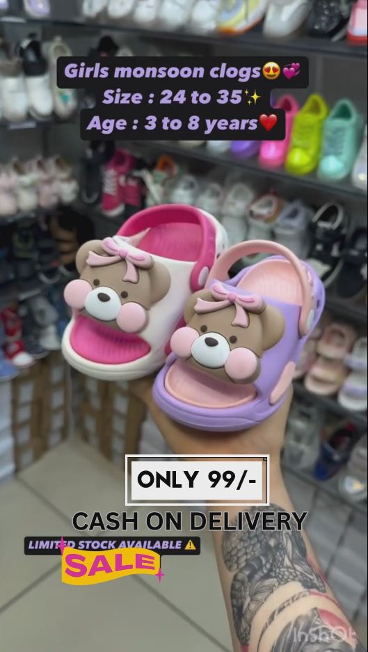 Girls Monsoon Clogs with Cute Bear Design | Waterproof Cartoon Slip-Ons | Sizes 24–35 | Age 3–8 Years | Only ₹99