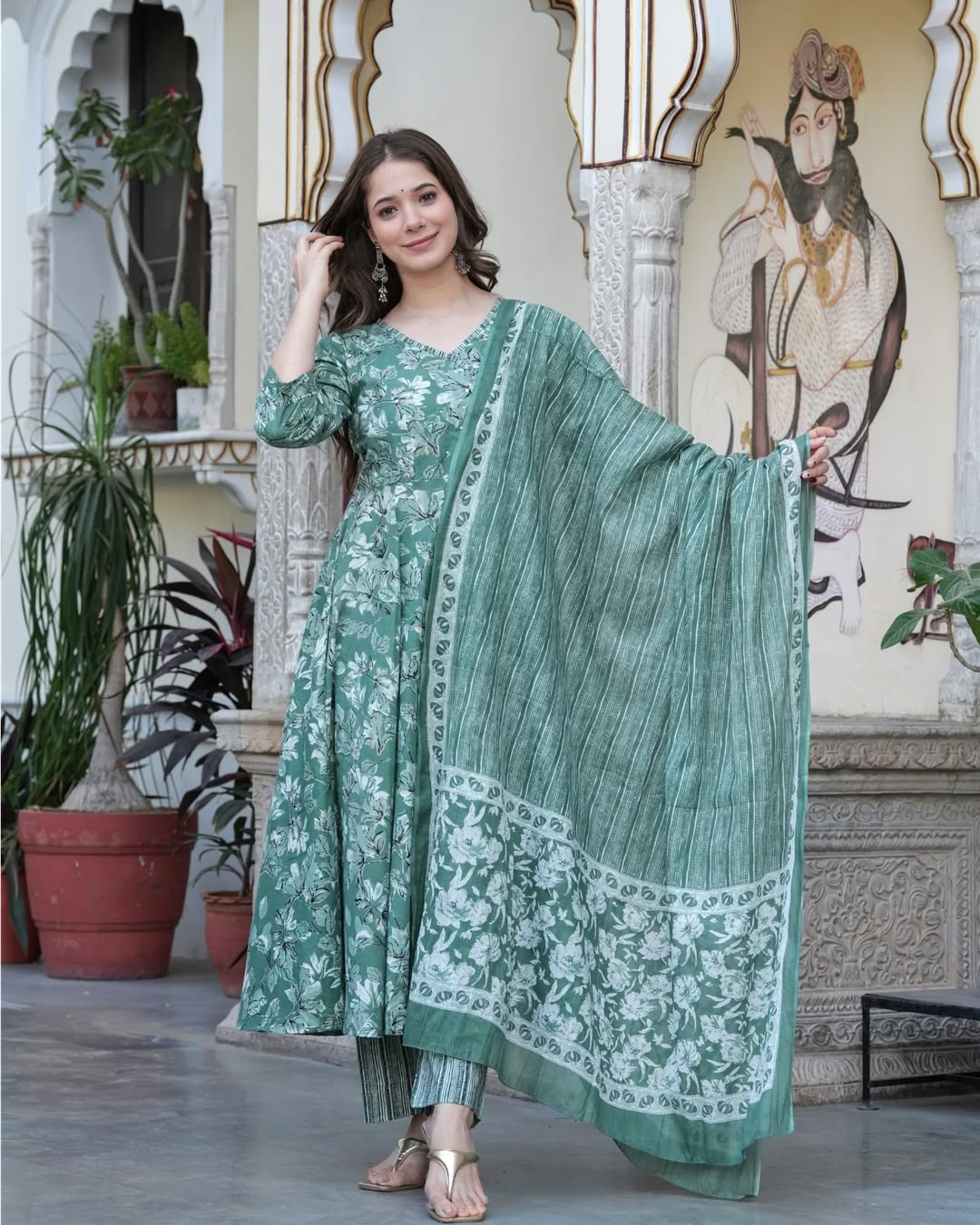 🌿 Sage Green Floral Printed Cotton Anarkali Kurta Set with Dupatta – Stitched Ethnic Wear for Women