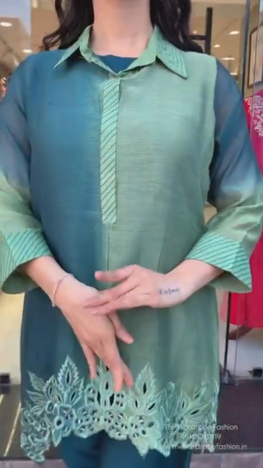 🌸 Teal Green Organza Panelled Shirt Style Kurta & Pant Set with Laser Cut Hem – Designer Indo-Western Co-Ord Set for Women