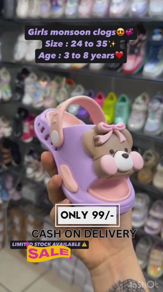 Girls Monsoon Clogs with Cute Bear Design | Waterproof Cartoon Slip-Ons | Sizes 24–35 | Age 3–8 Years | Only ₹99