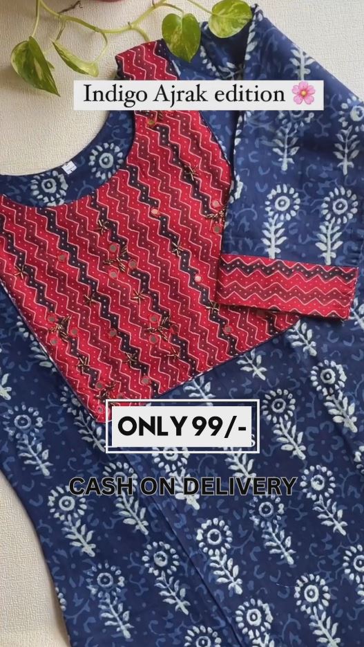 Navy Blue Cotton Embroidered Floral Printed Long Kurti with Pant