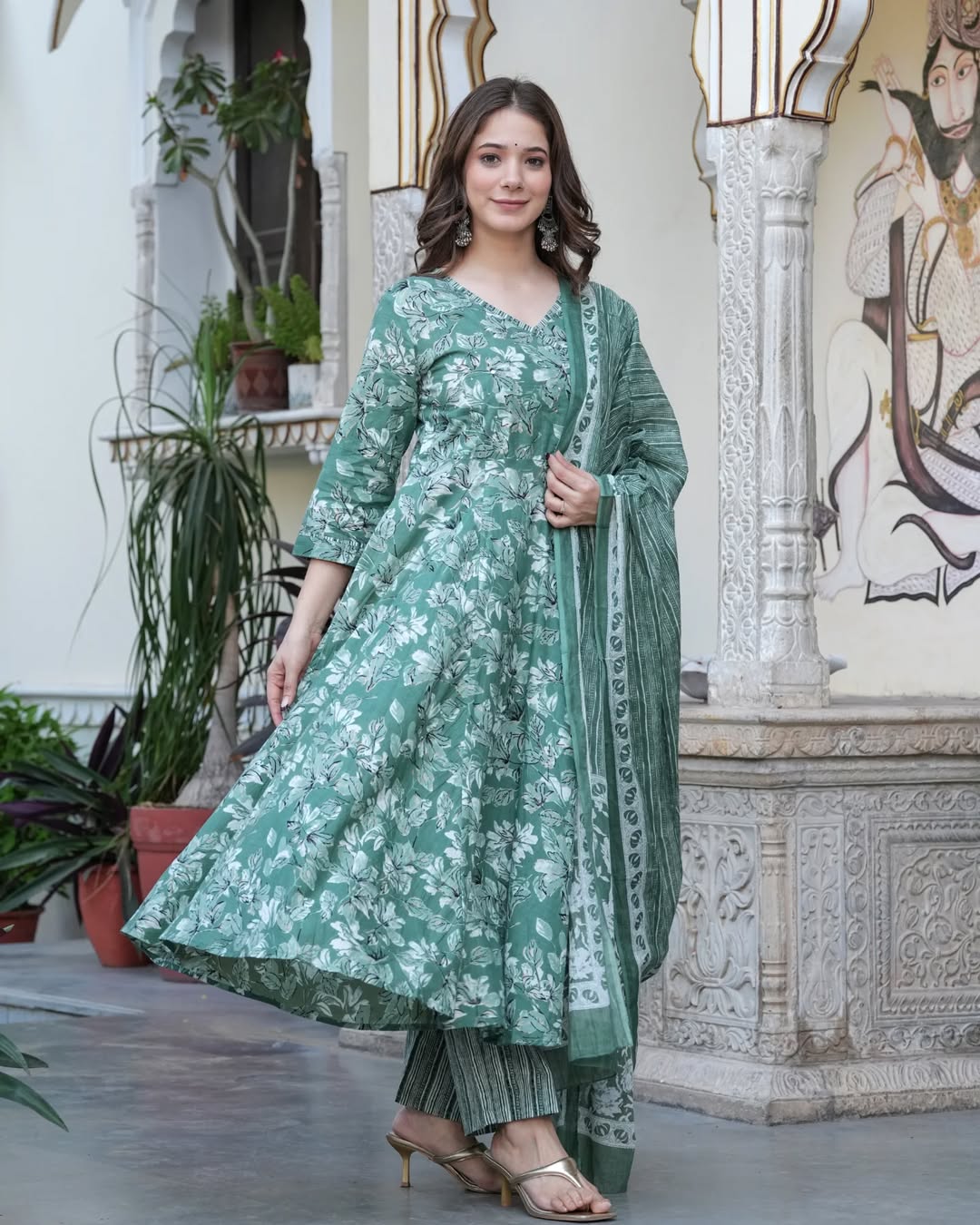 🌿 Sage Green Floral Printed Cotton Anarkali Kurta Set with Dupatta – Stitched Ethnic Wear for Women