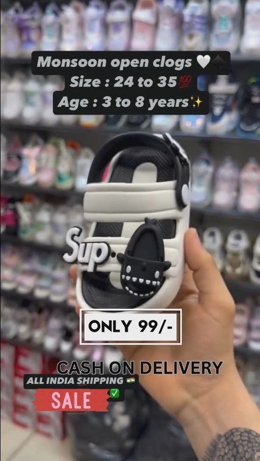 Kids Monsoon Clogs – Black & White Waterproof Open Sandals for Boys & Girls | Soft & Durable | Sizes 24-35 | Age 3-8 Years