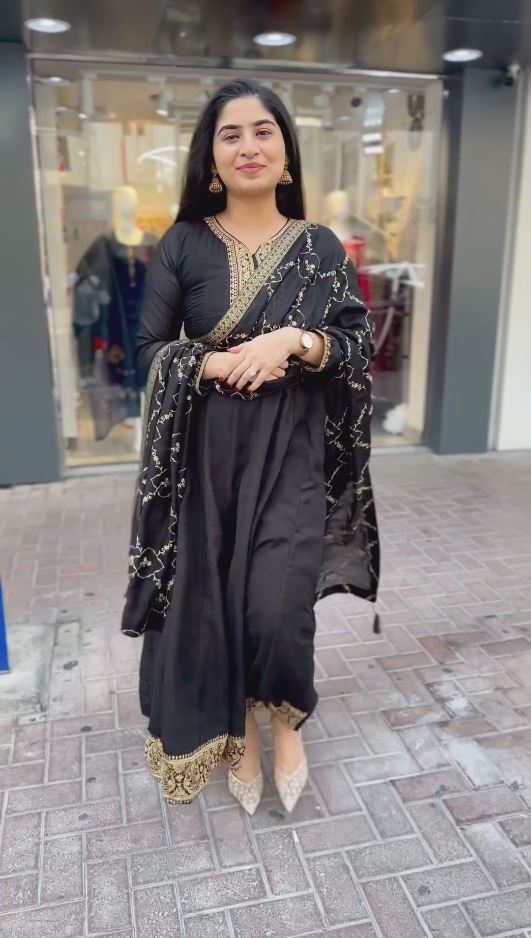 Peacock Blue And Black Zariwork Readymade Salwar Suit