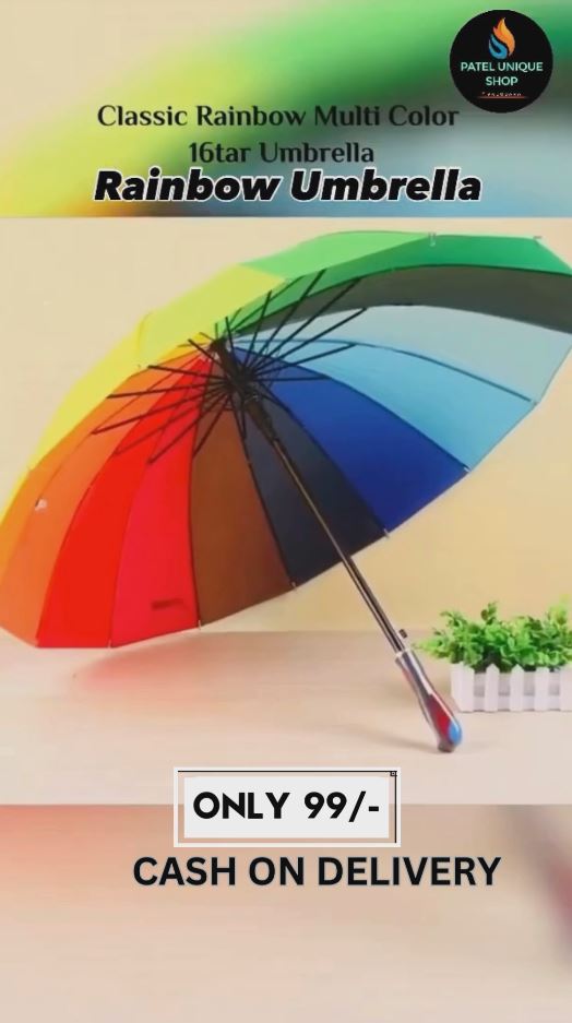 Classic Rainbow 16-Rib Umbrella – Multicolor Windproof & Waterproof Stick Umbrella for Men & Women | Monsoon Special