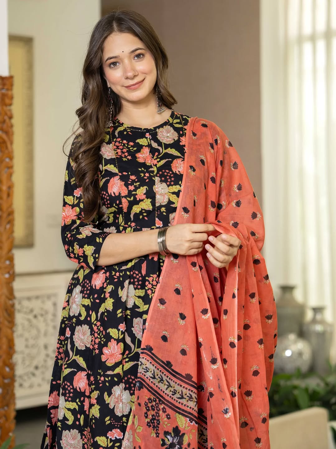 🖤 Black Floral Printed Straight Kurta Set with Rust Orange Dupatta – Stitched Ethnic Wear for Women