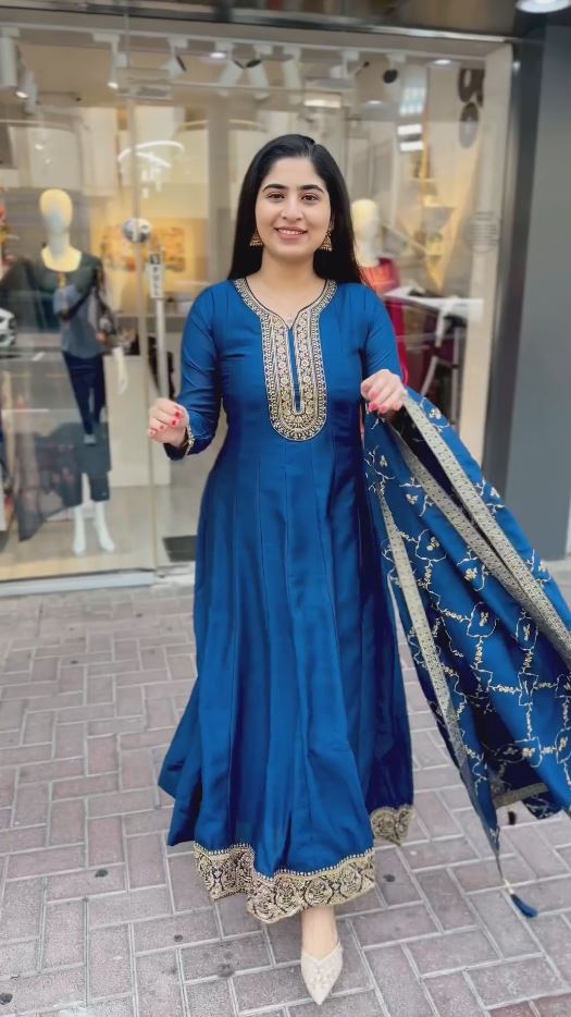 Peacock Blue And Black Zariwork Readymade Salwar Suit