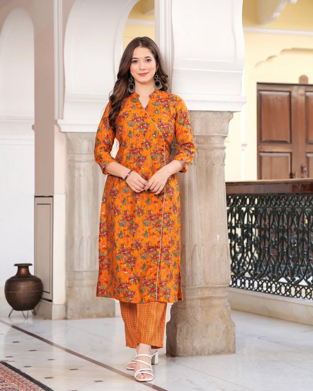 🌸 AuraniC Mustard Orange Floral Printed Embroidered Kurta Set with Dupatta | Festive Cotton Blend Straight Suit for Women