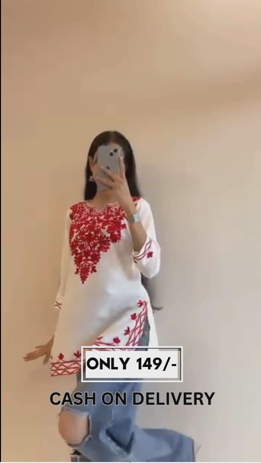 Pastel Green Cotton Kurti with White Floral Embroidery – Stitched Casual Wear for Women