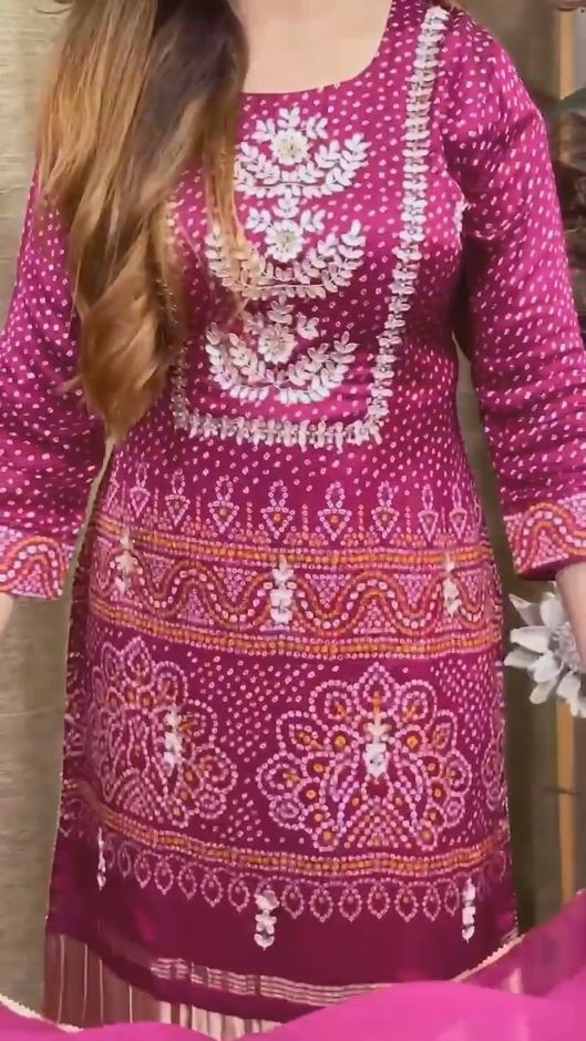 Purple And Dark Red Bandhani Silk Kurta Pant