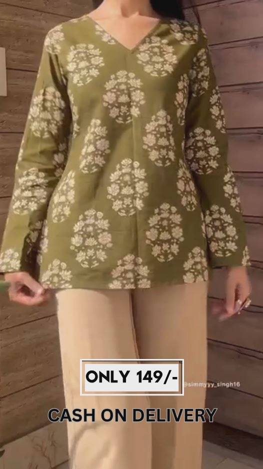 🌿 Teal Green Floral Printed Cotton Top with Flared Sleeves – Stitched Casual Wear for Women