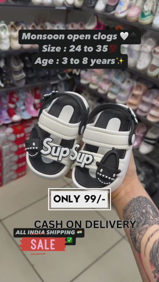 Kids Monsoon Clogs – Black & White Waterproof Open Sandals for Boys & Girls | Soft & Durable | Sizes 24-35 | Age 3-8 Years