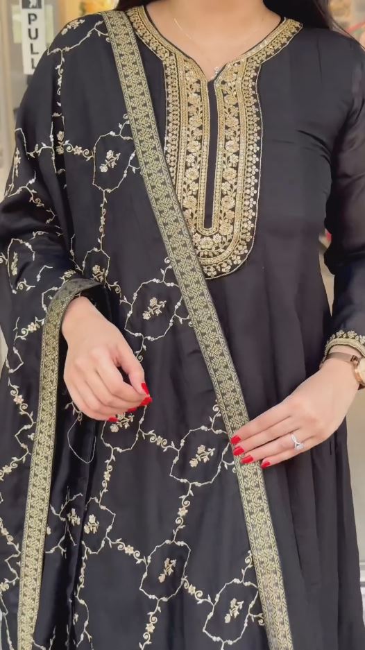 Peacock Blue And Black Zariwork Readymade Salwar Suit