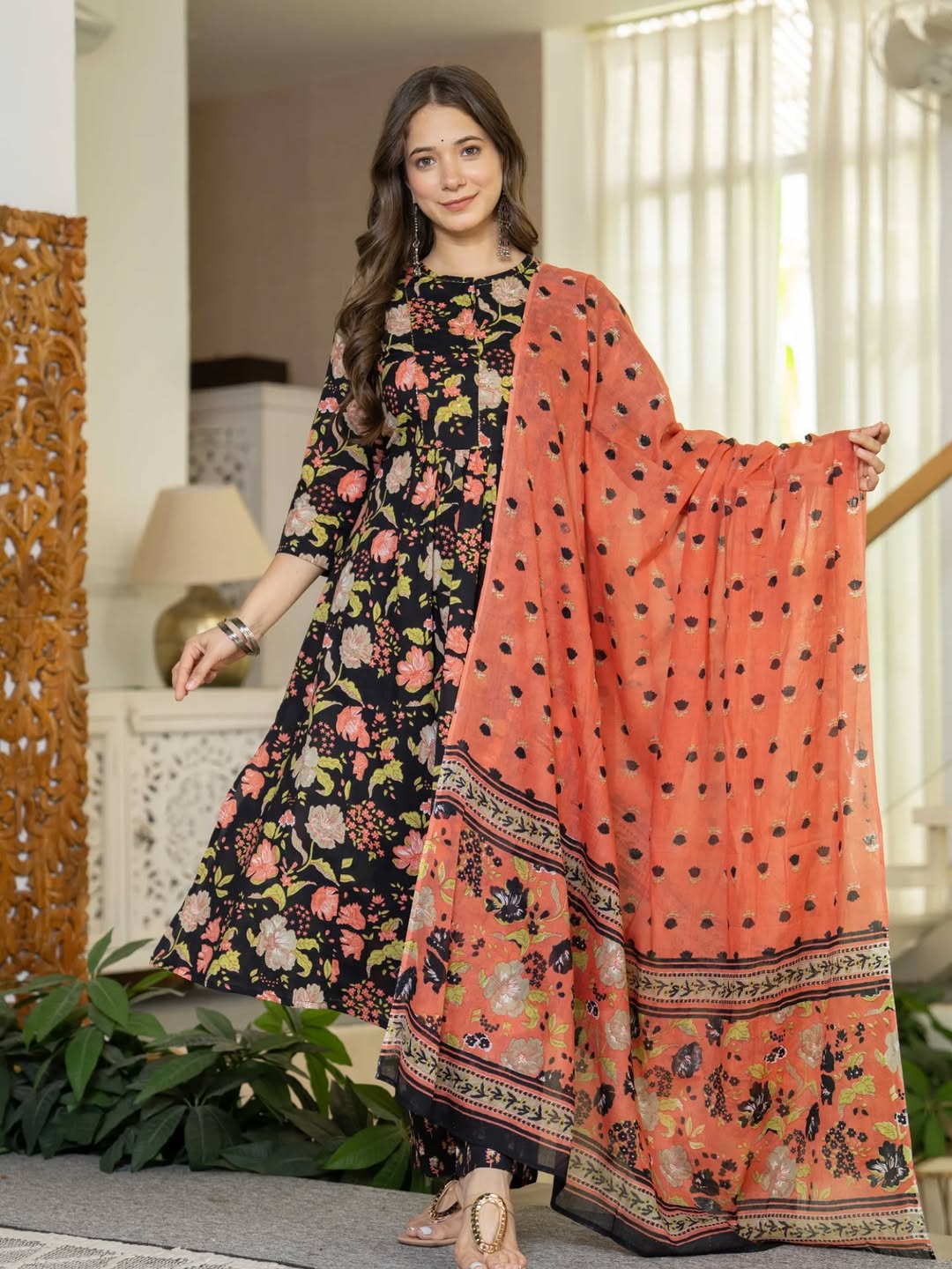 🖤 Black Floral Printed Straight Kurta Set with Rust Orange Dupatta – Stitched Ethnic Wear for Women