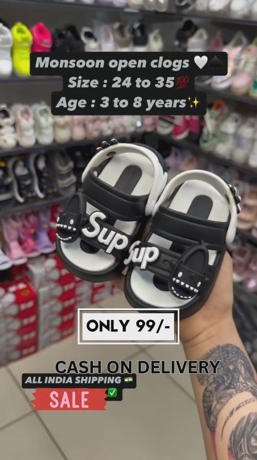 Kids Monsoon Clogs – Black & White Waterproof Open Sandals for Boys & Girls | Soft & Durable | Sizes 24-35 | Age 3-8 Years