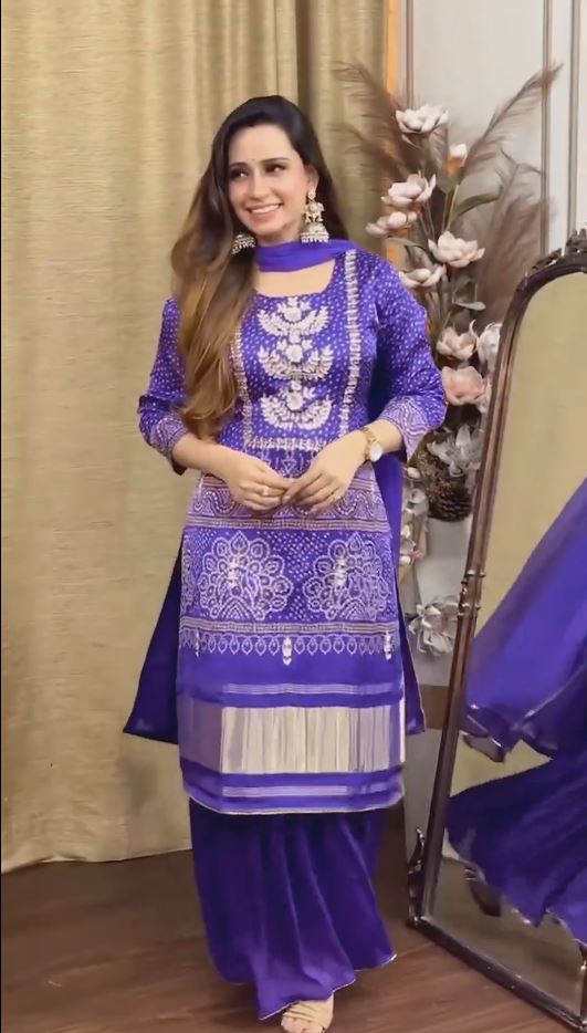 Purple And Dark Red Bandhani Silk Kurta Pant