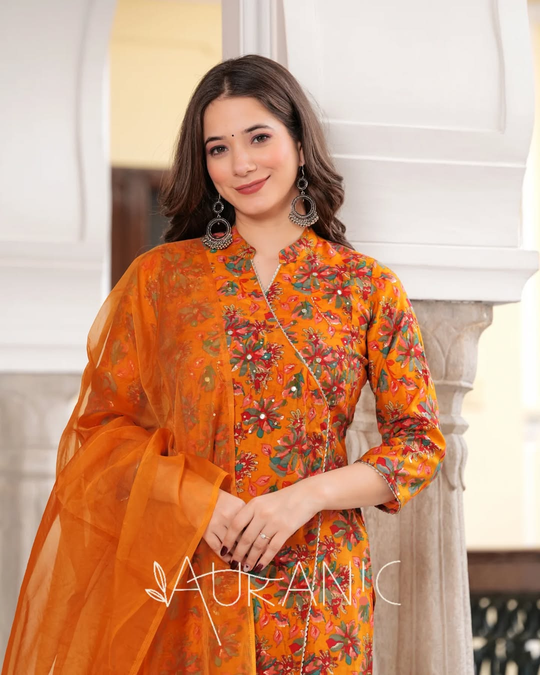 🌸 AuraniC Mustard Orange Floral Printed Embroidered Kurta Set with Dupatta | Festive Cotton Blend Straight Suit for Women