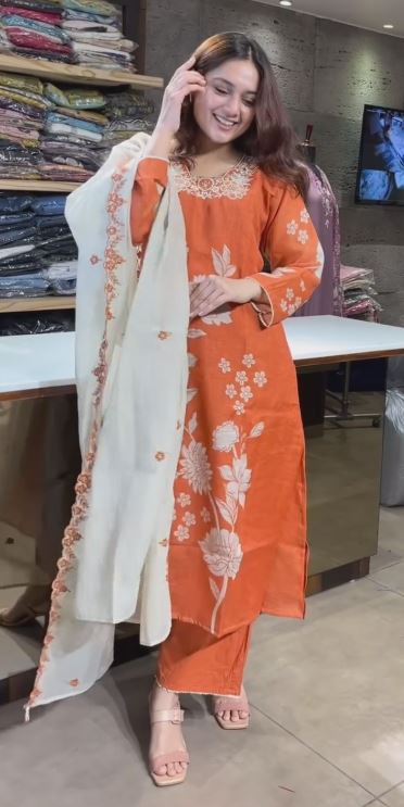 Pink And Orannge Floral Kurta with Narrow Pants Georgette Fancy Digital Printed