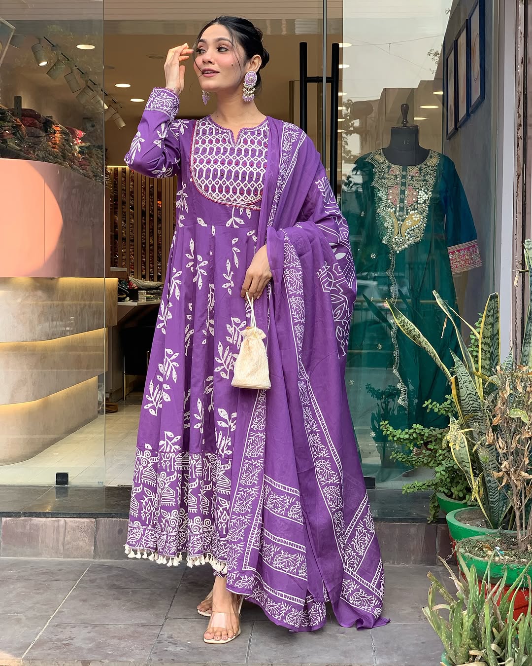 💜 Royal Purple Handblock Print Anarkali Set with Dupatta – Ethnic Grace