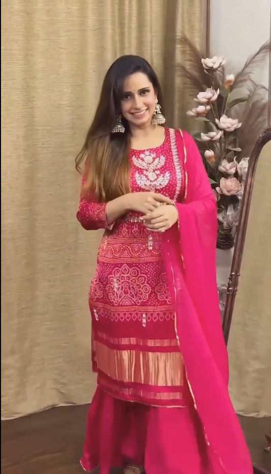 Purple And Dark Red Bandhani Silk Kurta Pant