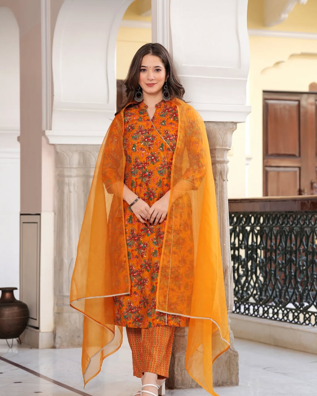 🌸 AuraniC Mustard Orange Floral Printed Embroidered Kurta Set with Dupatta | Festive Cotton Blend Straight Suit for Women