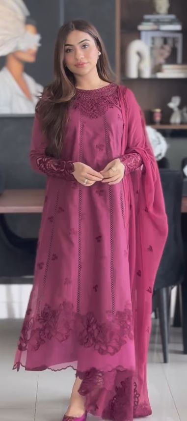Purple Pure Chinon Kurti Pent and Dupatta Set With Embroidery Work
