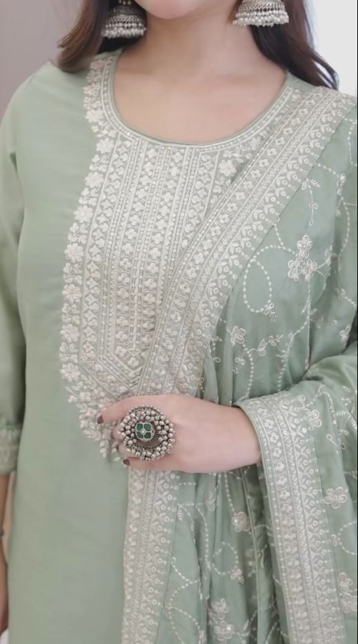 Red Cream And Light Green Kurta And Pant Silk Embroidered Suit Set