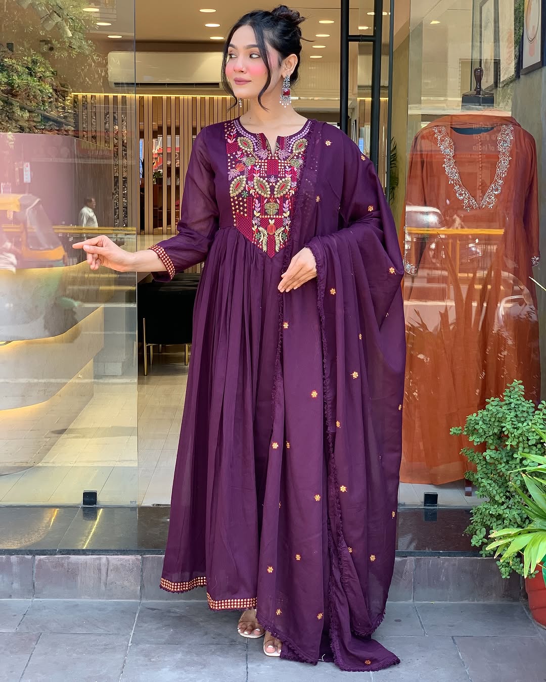💜 Plum Purple Embroidered Anarkali Kurta Set with Sequin Work & Dupatta