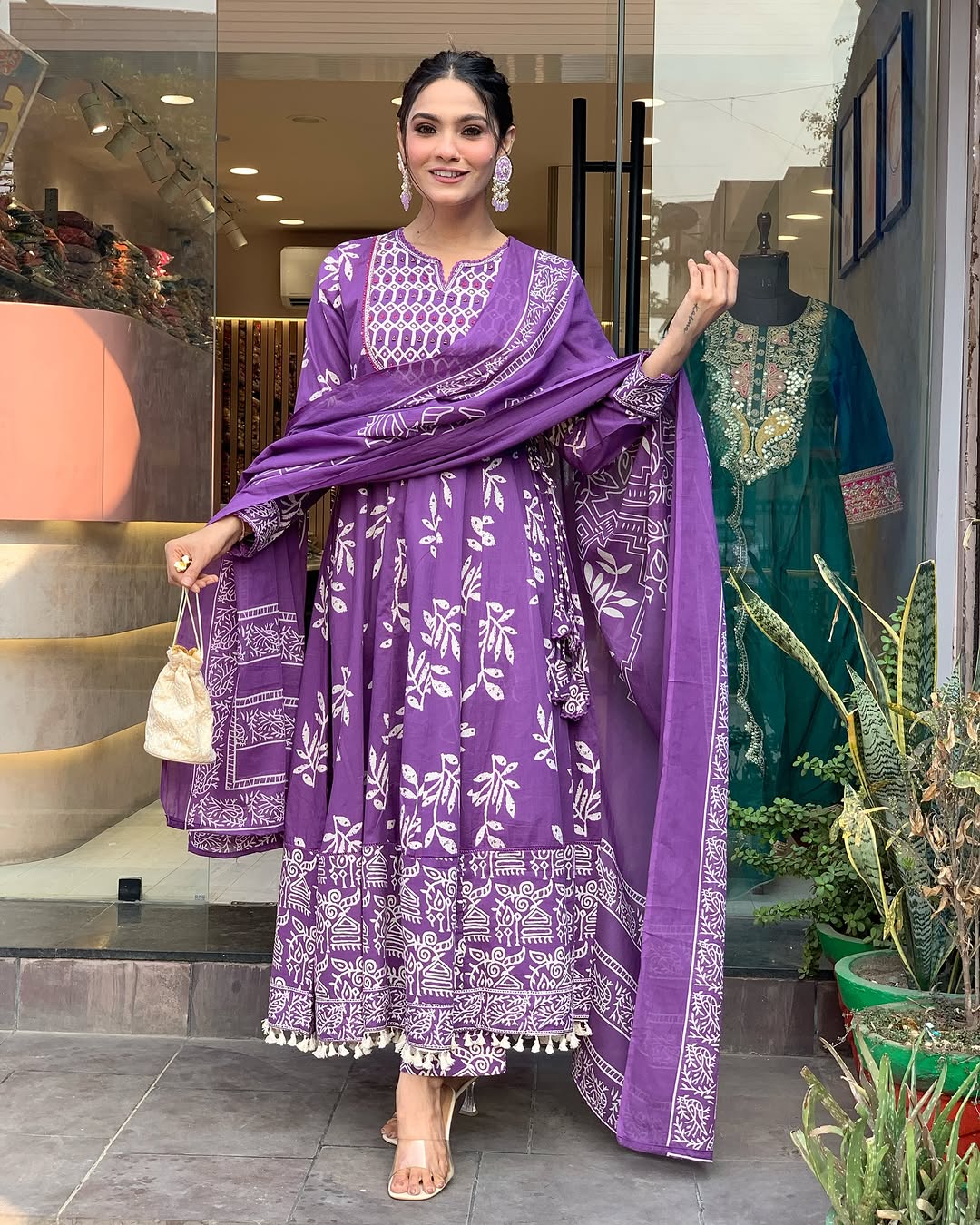 💜 Royal Purple Handblock Print Anarkali Set with Dupatta – Ethnic Grace