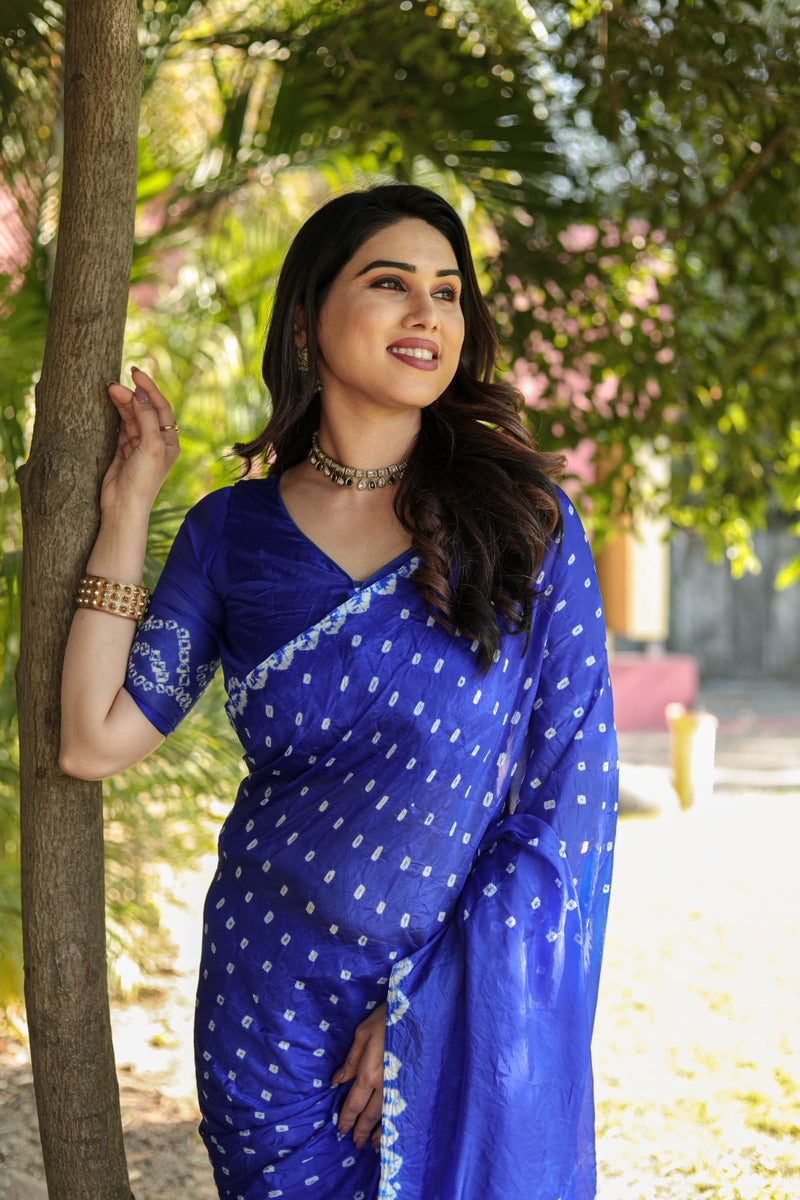 Original Bandhej Blue Color Beautiful Design Saree – Bollywoodlehenga