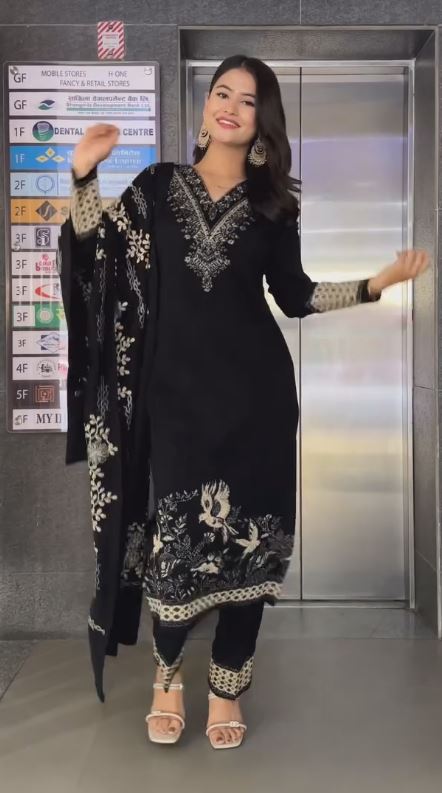 Embroidered Regular Sequinned Kurti with Trousers & Dupatta