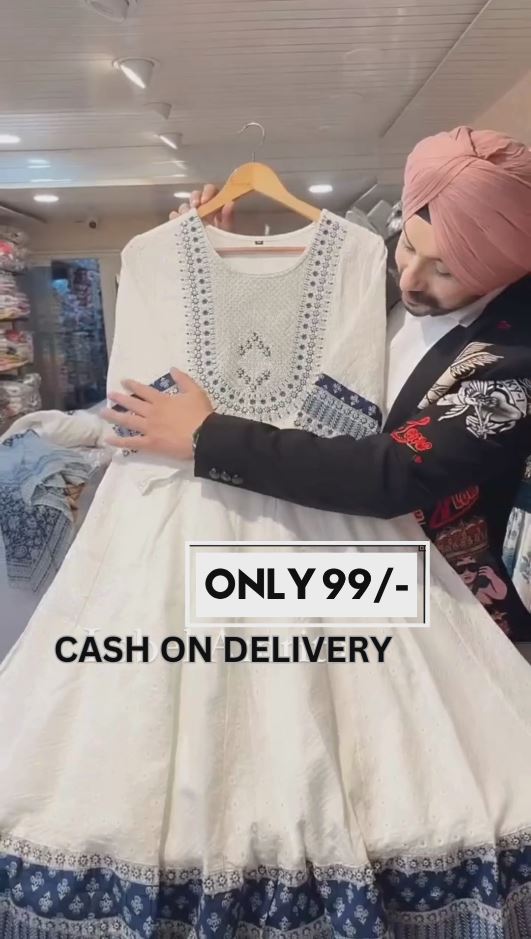 Attractive White Pure Cotton Anarkali suit with Printed Dupatta with work on Neck