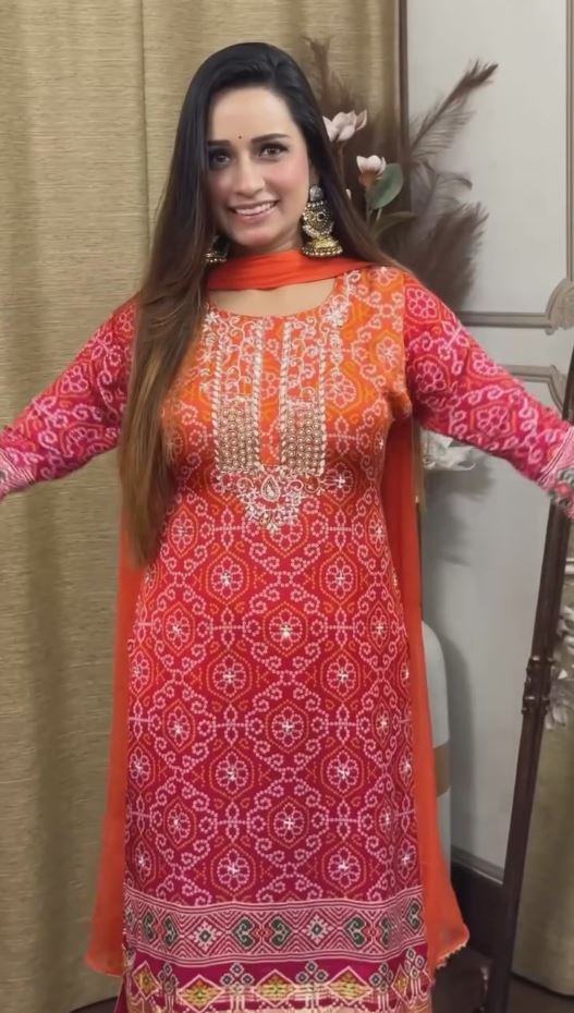 Women Orange & White Bandhani Print Sequined Kurta with Palazzos & Dupatta