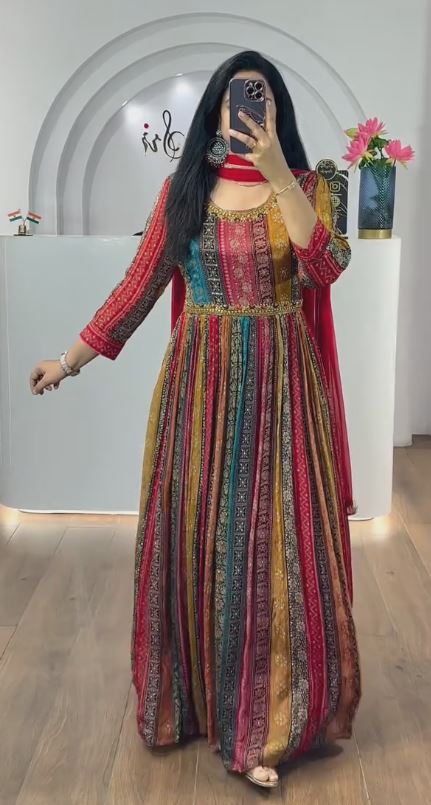 Floral Printed Mirror Work Anarkali Kurta