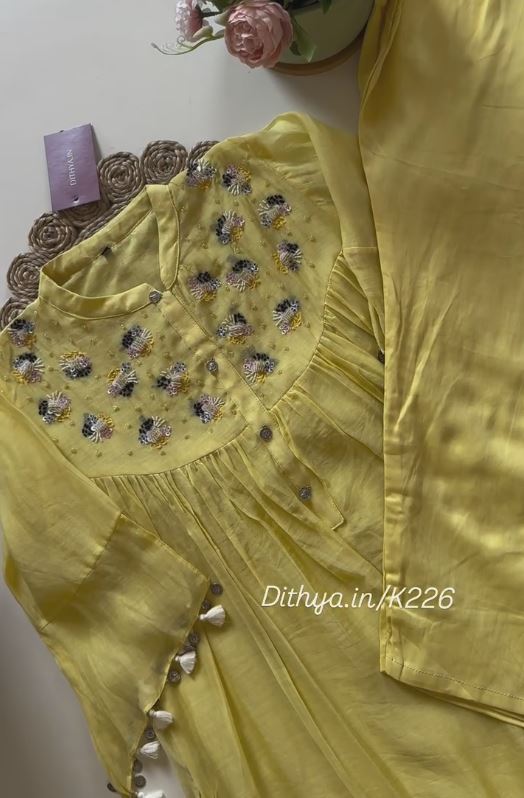 Lemon Yellow colour Embroidered cotton suit Dress for women