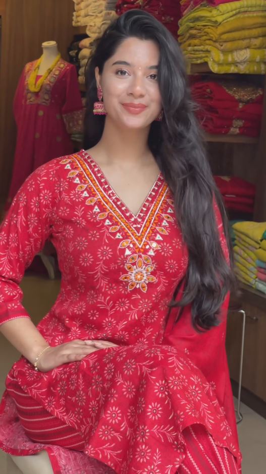 Trending Red Floral Bandhej Print Ankle Length Gown Kurta Kurti Party and Festive Wear For Women and Girls