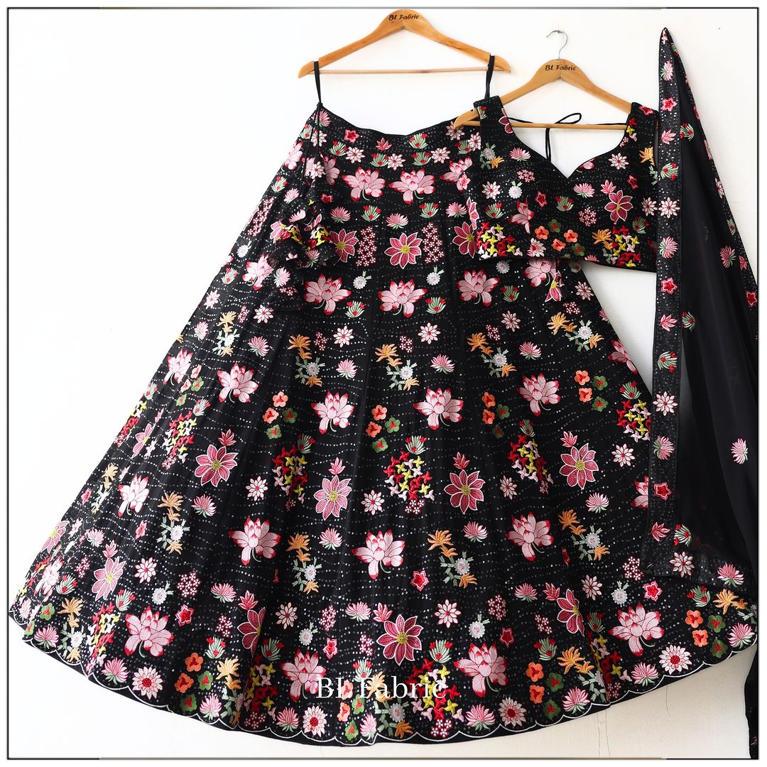 Multi Thread Sequence Black Color Embroidery work Designer Wedding Lehenga Choli