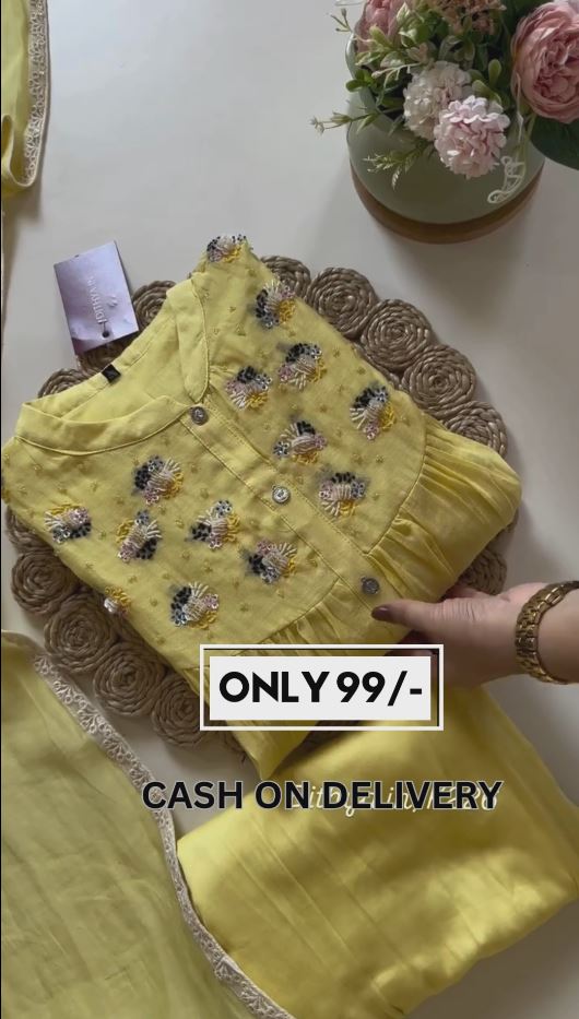 Lemon Yellow colour Embroidered cotton suit Dress for women