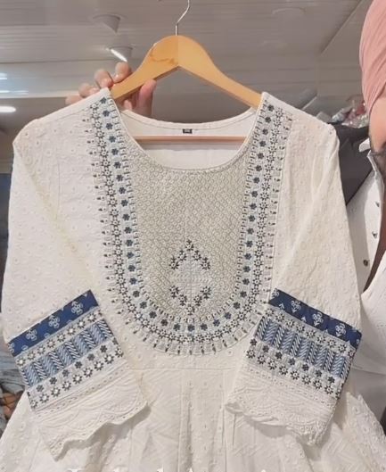 Attractive White Pure Cotton Anarkali suit with Printed Dupatta with work on Neck