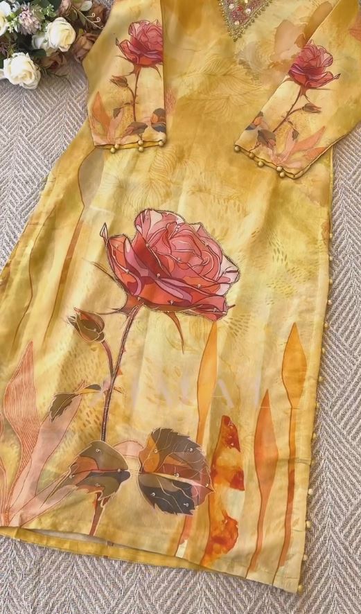 Mustard Pure Silk Gold Shimmer Floral Printed and Stones Embellishment Straight Kurta with Trousers and Dupatta