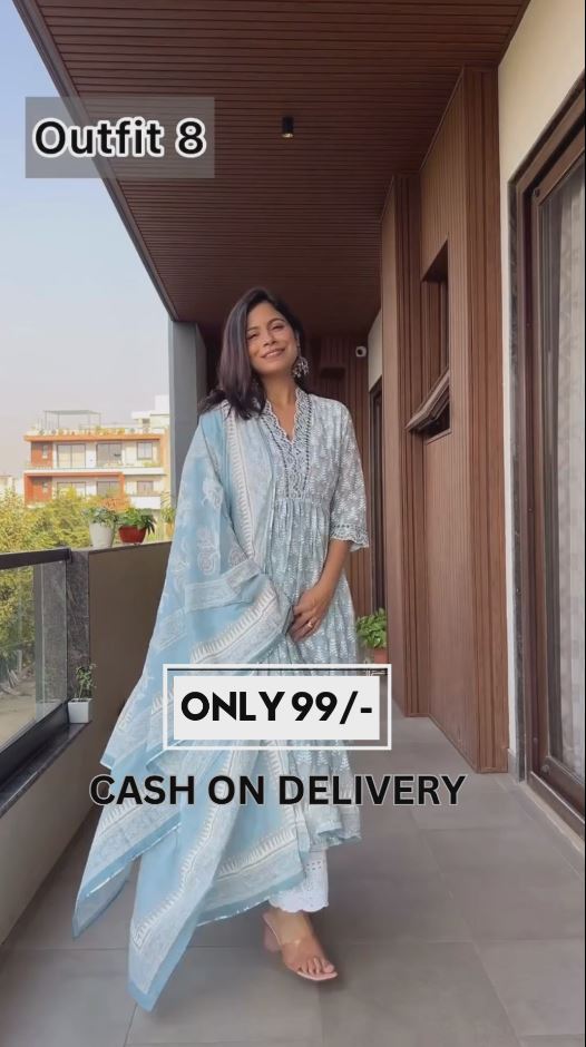 Floral Printed Pure Cotton Notched Neck Kurta with Trousers & Dupatta