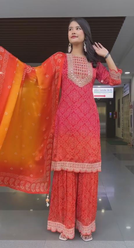 Red Chinon Bandhani print Tara Zari Thread Embroidered full Set
