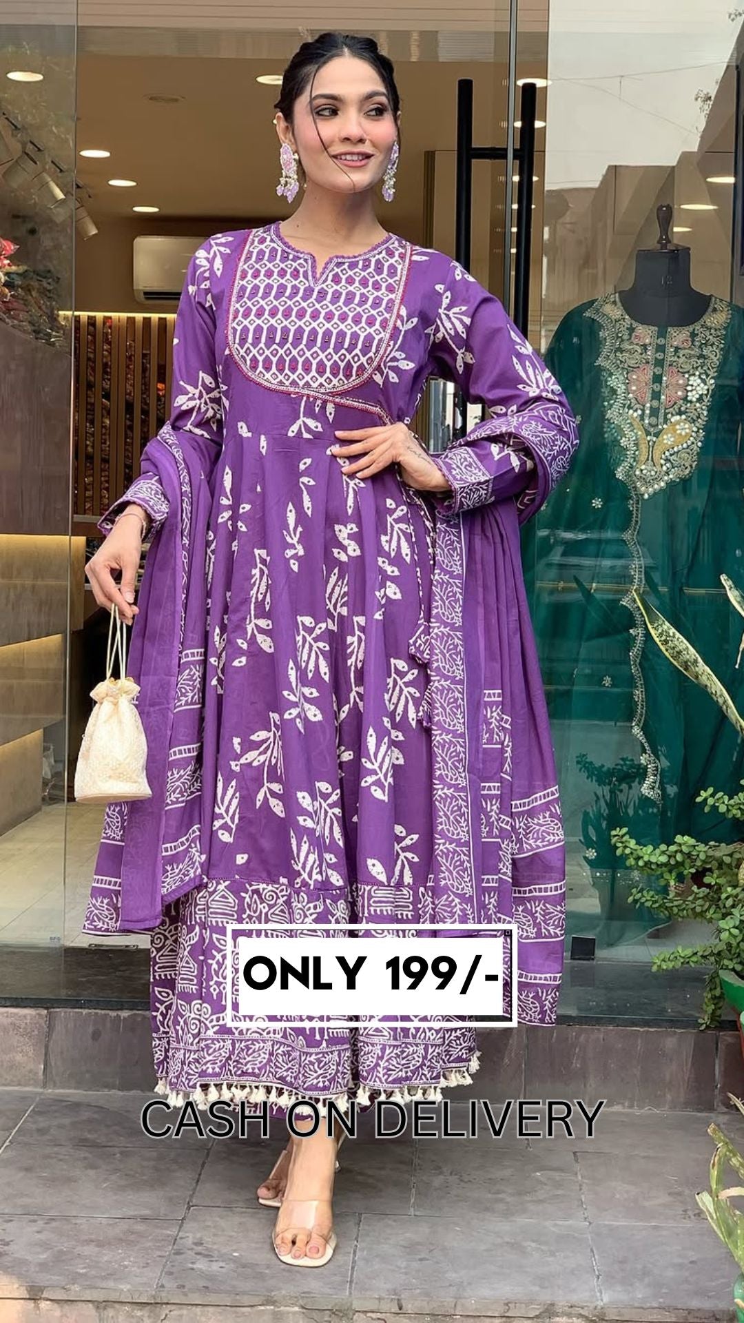 💜 Royal Purple Handblock Print Anarkali Set with Dupatta – Ethnic Grace