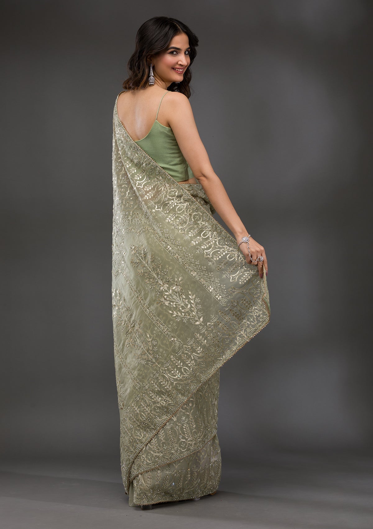 Pista Green Gotapatti Tissue Saree