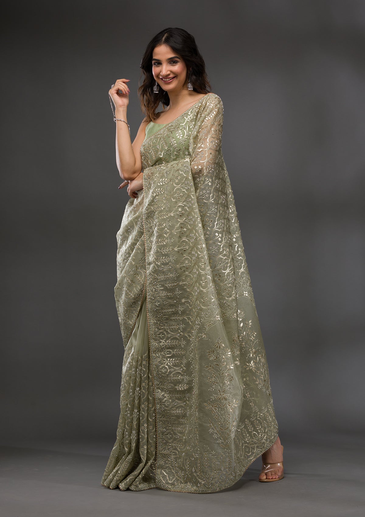 Pista Green Gotapatti Tissue Saree