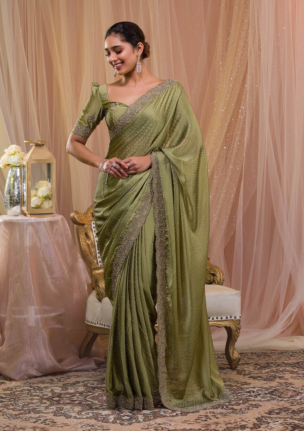 Pista Green Stonework Crepe Designer Saree